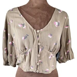 Amuse‎ Society Floral Button Front Blouse Women's M Taupe Pink Puff Crop Top NWT
